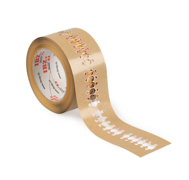 Die Abbildung zeigt selbstklebende Formstanzteile mit komplexen Konturen. Der Liner ist braun, der Hintergrund ist weiss.