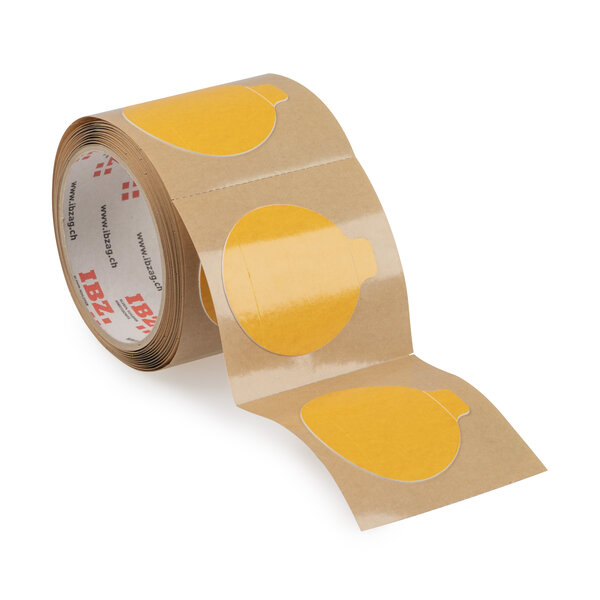 Die Abbildung zeigt wiederlösbare Formstanzteile mit Anfasslasche und Perforation. Der Liner ist braun, der Hintergrund ist weiss.