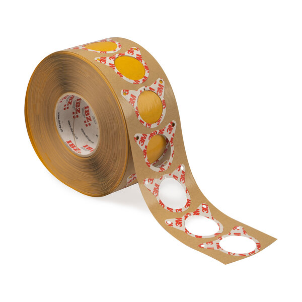 Die Abbildung zeigt Formstanzteile aus doppelseitigem Klebeband (Dichtung). Der Liner ist braun, der Hintergrund ist weiss.